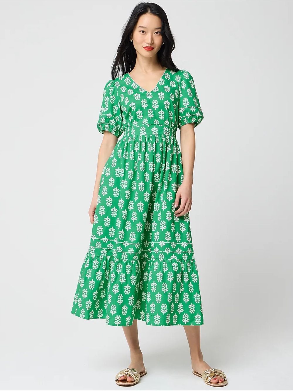 J. Crew BRAND NEW Green and White block-print puff-sleeve midi dress sz 12